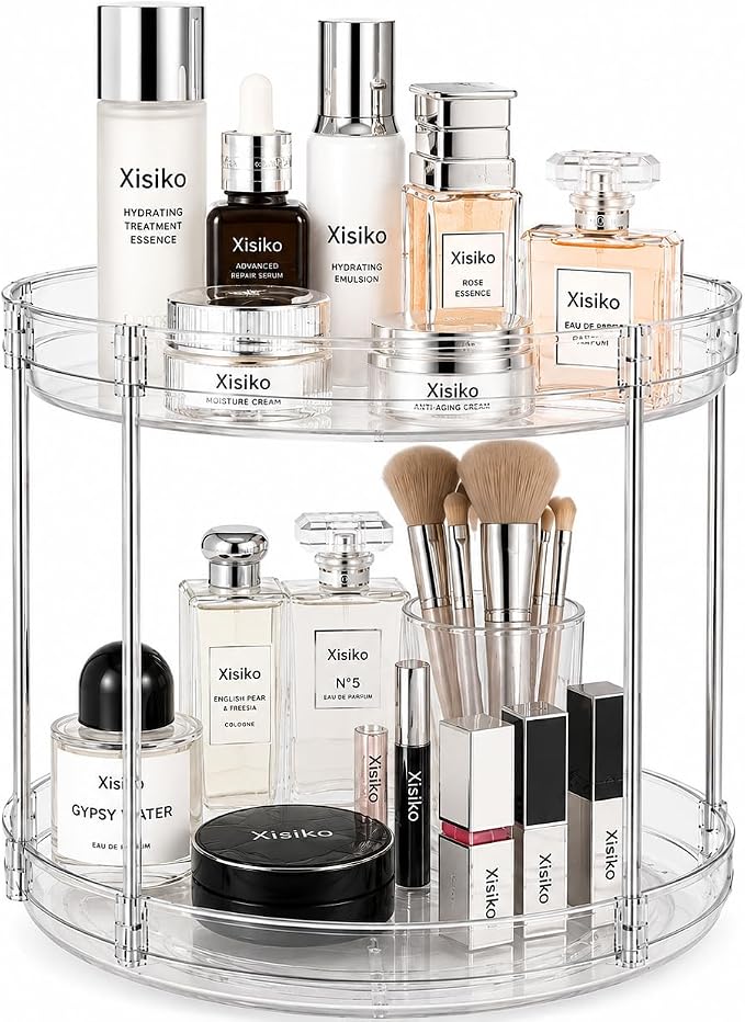 360° Rotating Bathroom Counter Organizer, 2 Tier Clear Makeup Organizer Vanity Storage for Skincare Perfume Cosmetics, Lazy Susan Spinning Storage for Bathroom Vanity Kitchen