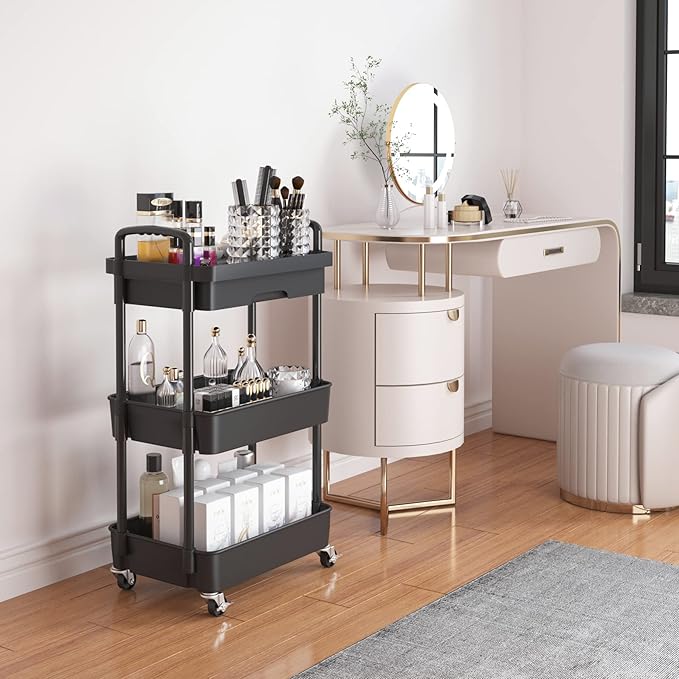 Calmootey 3-Tier Rolling Utility Cart with Drawer,Multifunctional Storage Organizer with Plastic Shelf & Metal Wheels,Storage Cart for Kitchen,Bathroom,Living Room,Office,Black | Space-Saving Organizer, Sturdy Plastic Shelves, Smooth-Rolling Metal Whee...