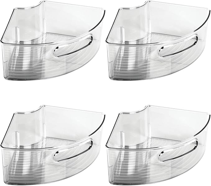 mDesign Plastic Lazy Susan Cabinet Storage Bin with Front Handle for Kitchen Countertop, Pantry, Shelf, Fridge Organization - Hold Food, Drinks, Snacks - Ligne Collection - 4 Pack - Smoke Gray