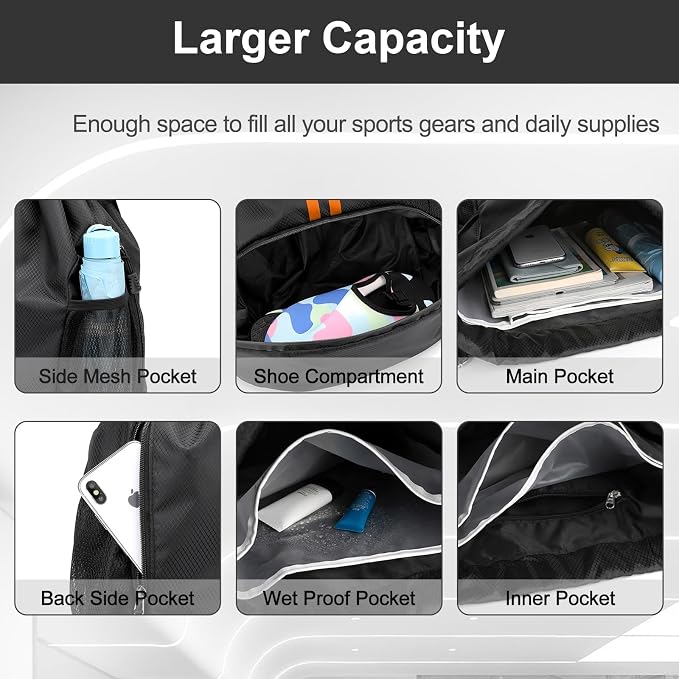 Hoedia Sports Drawstring Backpack - Swim Gym Bag for Women and Men | String Bag with Shoes Compartment and Wet Proof Pocket, Adjustable Wider Shoulder Strap, For Soccer, Basketabll, Volleyball