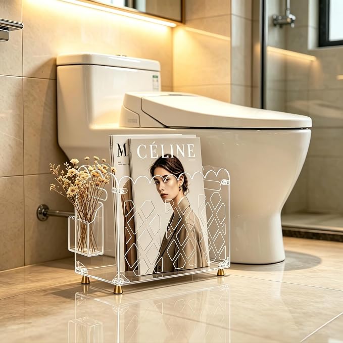 Clear Acrylic Magazine Holder with Handle and Detachable Pen Holder | Wave-Edge Floor Magazine Rack with Replaceable Anti-Slip Gold Feet for Home, Office, Bathroom, or Living Room Storage