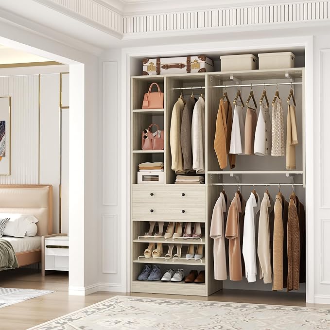 Besiost Closet System - 60"/92" Closet System with Drawers, 5FT/7.67FT Closet Organizer System with Reversible Hanging Shelving Greige Oak