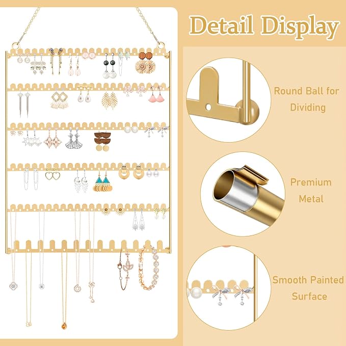 6 Tier Earring Holder Wall Mounted Hanging Earring Organizer Gold | Earring Display Storage with 123 Holes and 129 Grooves Jewelry Organizer Tree for Stud/Hoop/Dangle Earrings Necklace