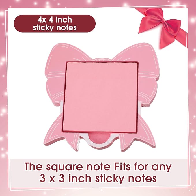 Pink Bow Sticky Note Holder Large Wood Notepad Dispenser 3 x 3 Sticky Notes Organizer Cute Self Stick Memo Pad Holder for Desk Office Back to School Gift, No Pads Included