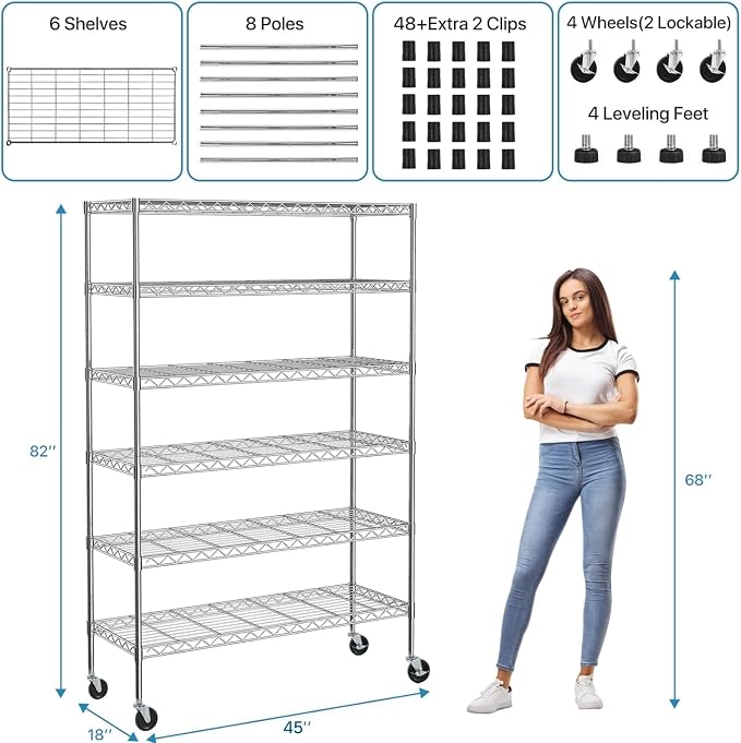 6-Tier Wire Shelving Unit with Wheels, 45"L x 18"W x 82"H Heavy Duty Metal Storage Shelves, 2100LBS Capacity NSF Certified Adjustable Steel Layer Rack Organizer for Garage Kitchen Pantry