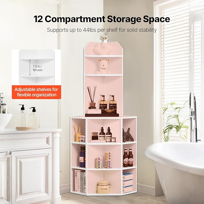 VEVOR 64" Tall Corner Storage Cabinet, 6 Tiers Wooden Storage Cabinet with USB Ports and Outlets & Adjustable Shelves, Freestanding Corner Cabinet for Living Room, Kitchen, Laundry Room, White