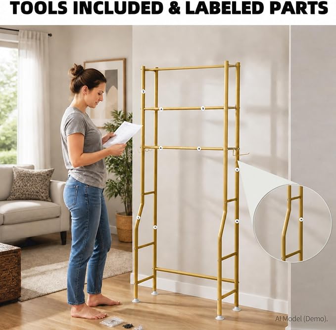 GloTika 3-Tier Over Toilet Storage with Anti-Tilt Safety System - 150lb Total Capacity Metal Bathroom Shelves Including Paper Holder & 4 Hooks, Space Saving Above Commode Organizer (64" H, Gold)