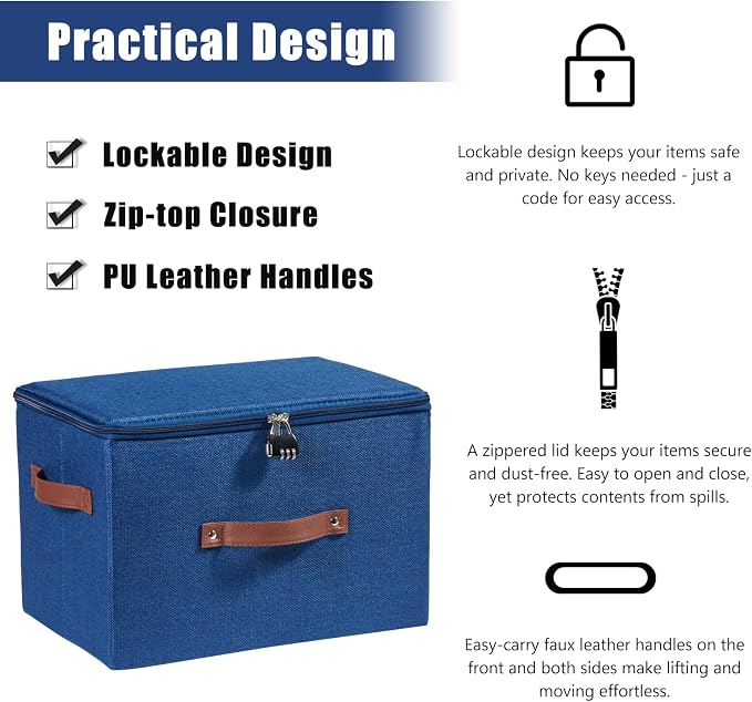 Storage Bins Boxes with Zipper Lid Combination Lock PU Leather Handles Cotton Linen Fabric Lidded Lockable Baskets Foldable Washable Closet Shelf Organizer Container (Deep Blue, Large)