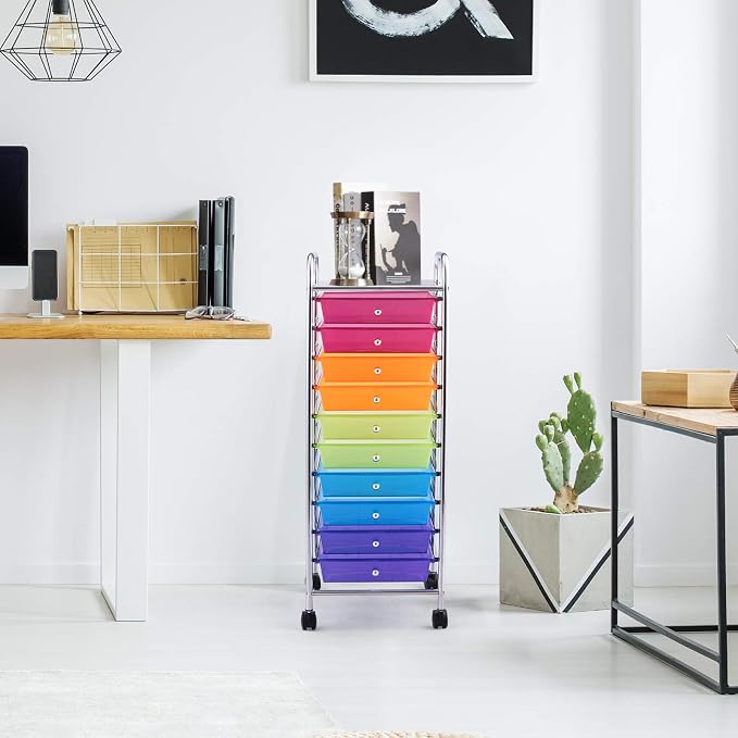 Happygrill 10-Drawer Storage Cart, Utility Cart with Removable Drawers & Metal Frame, Rolling Storage Cart with Lockable Wheels for Home, Office, Rainbow