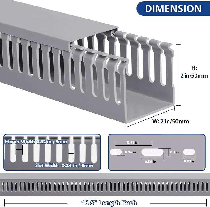 2" H x 2" W Cable Raceway, 33in Under Desk Wire Management Channel, Grey | Slotted Wire Duct, 2Pack, 16.5in Each, Heavy-Duty PVC Cable Management for Server Racks, Network Cables & Electrical Cabinets