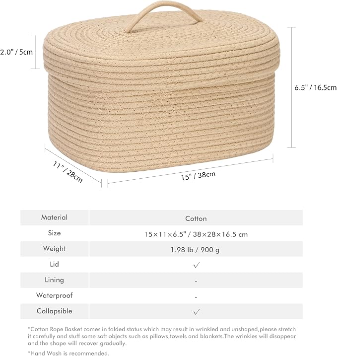 Sea Team Oval Cotton Rope Storage Basket with Lid, Lidded Woven Storage Bin, Nursery Storage Container, Diaper Caddy, Baby Shower Basket, Box, Organizer, 15 x 11 x 6.5 Inches (Medium, Khaki)