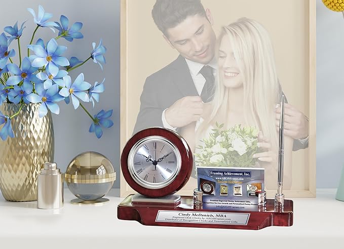 AllGiftFrames Personalized Desk Name Plate Desk Clock Business Card Holder Case Display Silver Pen on Cherry Wood Desktop Stand Graduation Gift Corporate Promotion Executive Employee Award