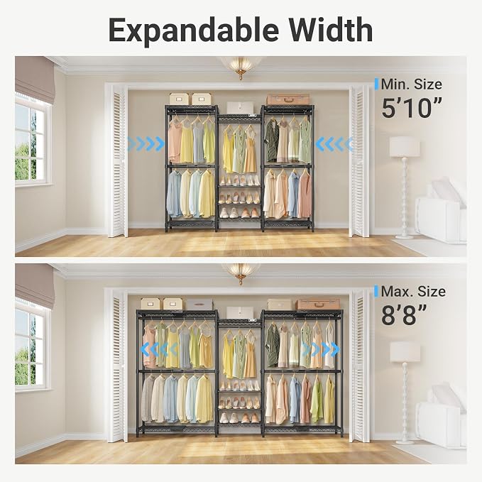 VIPEK X3S Expandable Closet System, Heavy Duty Freestanding Closet Organizer with Shoe Shelves, 5 Hanging Rods & 8 Adjustable Shelves, Fits 5.10 to 8.8 FT, Black