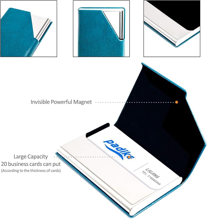 Padike Business Card Holder, PU Leather & Stainless Steel Multi Card Case for Men & Women, Name Card Holder, Credit Card Wallet, ID Case/Holder with Magnetic Closure (Z-Seagreen)