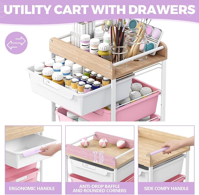 SYKIARIOL Utility Cart with 5 Labeling Drawers and Wooden Tabletop – Rolling Storage Cart for Crafters, Artists, Kids, Teachers, and Students – Organize Arts, Crafts, Sewing & Study Supplies