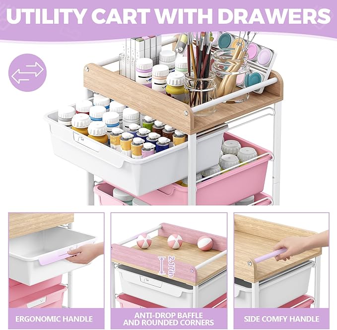 SYKIARIOL Rolling Storage Utility Cart with 4 Drawers,Kids Craft Art Cart,Makeup Organizer and Storage with Wooden Tabletop,Purple