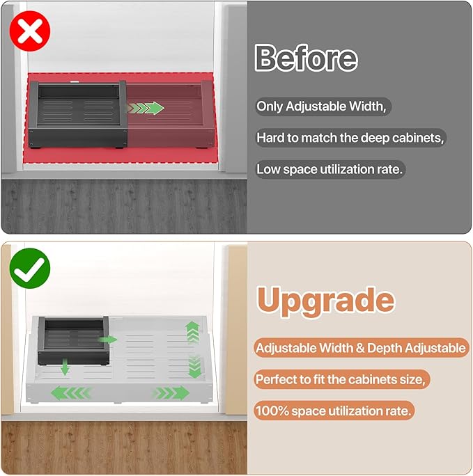 2 Pack Pull out Cabinet Organizer, Width (12"-19") Depth (17"-23"), with 3 Rails Adjustable Slide, Expandable Pullout Drawers for Cabinets, No Drill Adhesive Kitchen Drawers for Pantry Shelves