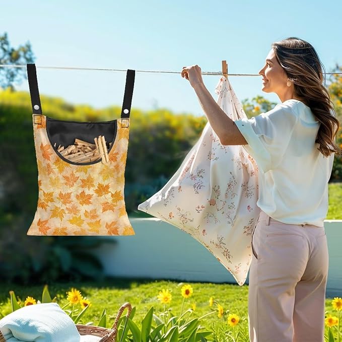 Yellow Maple Leaf Clothespin Storage Hanger Bags Hydrangea Laundry Clothespins Bag, Clothespin Bag with a Large Opening, Hanging Storage Organizer with Hanging Rope for Home Outdoor
