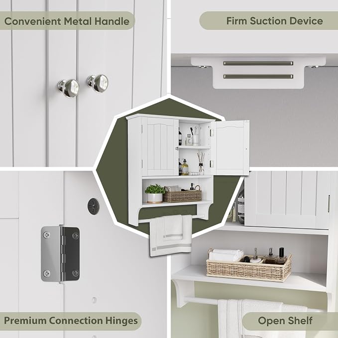 Smuxee White Bathroom Cabinet Wall Mounted with Towels Bar, Bathroom Medicine Cabinet with 2 Door Adjustable Shelves, Over Toilet Cabinet for Bathroom Laundry Room Kitchen