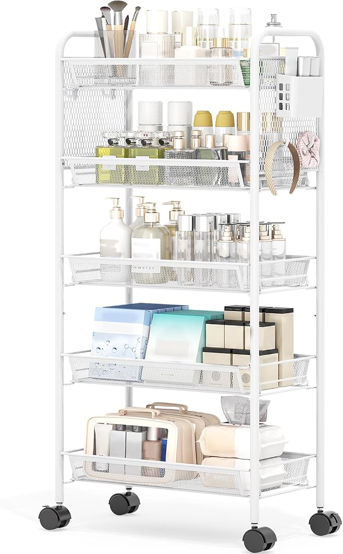 5 Tier Metal Rolling Utility Cart - Heavy Duty Storage Trolley with Pegboard, 4 Hooks & 1 Bin, Mobile Organizer Shelves for Bathroom Kitchen Office Craft Room Laundry, White
