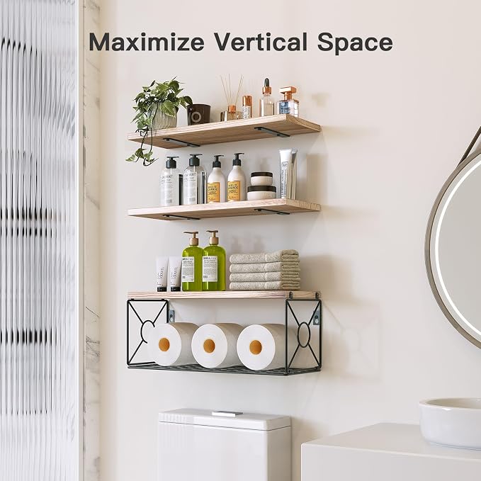 Amada Bathroom Shelves Over Toilet with Storage Basket, Floating Wall Shelf for Home Organization & Wall Decor, Bathroom/Kitchen/Living Room Shelves–Natural Wood
