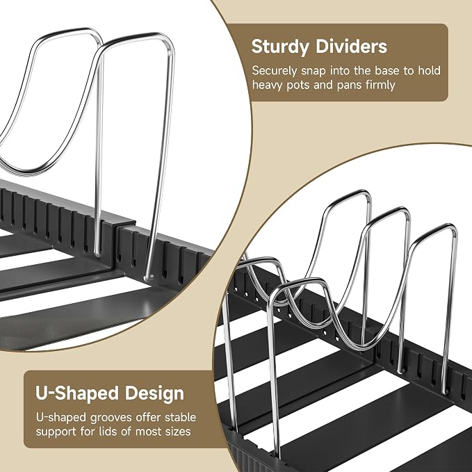 MUDEELA Pots and Pans Organizer under Cabinet, Expandable Rack with Pot Lid Holder and 12 Adjustable Dividers, Pan Organizers inside Cabinet for Kitchen Organization, Cutting Boards, Baking Sheets