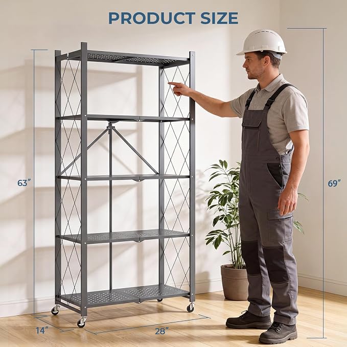 Upgraded 18% Thickened Portable 5-Tier Foldable Storage Shelves with Wheels Heavy Duty Storage Shelf Collapsible Shelves Unit Display for Garage Storage Kitchen Pantry & Closet Organizer