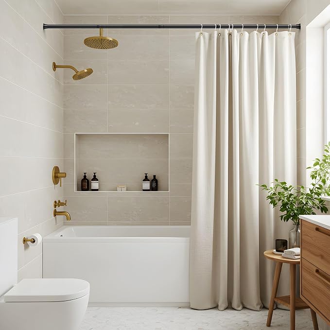 MEXAU 1 Pack Spring Tension Curtain Rods 31-76 Inch Black Shower Curtain Rod No Drilling Adjustable Spring Loaded Curtain Rods 7/8" Diameter Shower Rods for Window Bathroom Closet Doorway Door