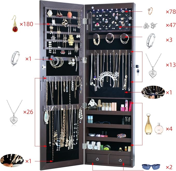 8 LED Lights Jewelry Armoire with Mirror - 47.3' H Cabinet Door Hanging/Wall Mounted Mirror With Storage And 2 Drawers - Brown