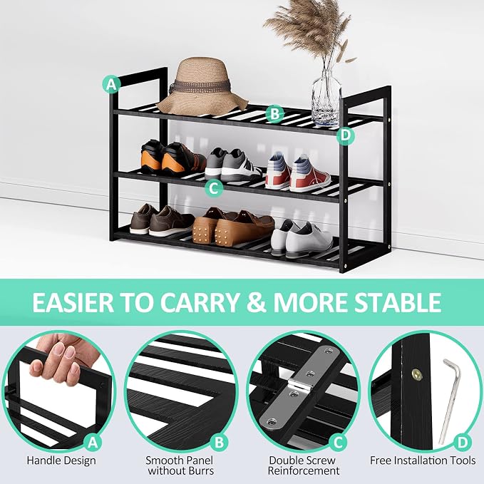 Jripae 3 Tier Bamboo Shoe Rack for Entryway Closet Bedroom Garage-27.5inch | 3 Tier Stackable Shoe Shelf Holder for Men/Women Hallway/Garage, Bookshelf, Flower Rack, Home Space Saving