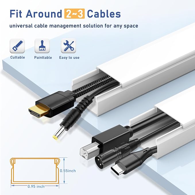 157" Paintable Cable Raceway Kit for TV Wall Mount Wire Concealer | 157" paintable cable raceway kit hides TV wall wires, PVC wire concealer with cuttable channels and adhesive or screw install