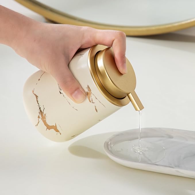 Enra Ceramic Gold Soap Dispenser, 12 oz Modern Liquid Hand Soap Dispenser for Bathroom Kitchen with Easy-to-Press(Gold Liquid Type-Beige)