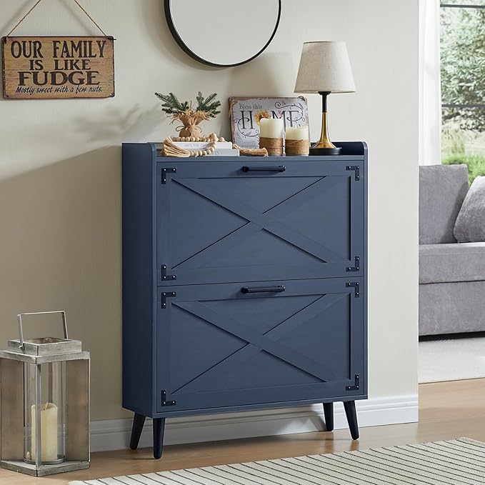 Barnyatoh Shoe Storage Cabinet,Farmhouse Shoe Organizer with 2 Flip Drawers & Barn Door Design,Freestanding Hidden Slim Narrow Shoe Rack Cabinet for Entryway,Foyer,Hallway,Navy Blue