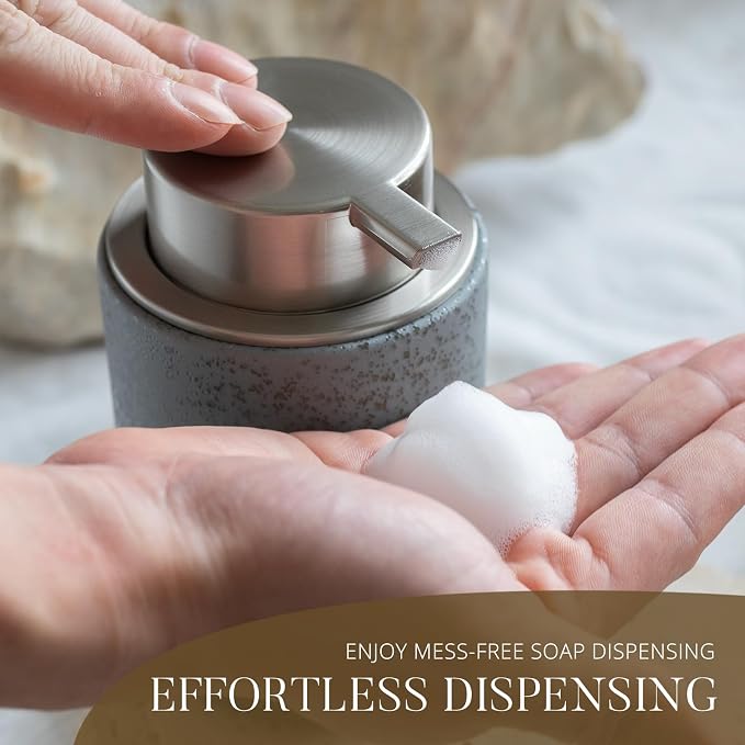 EMPO Ceramic Embossed Press Foam Hand Soap Dispenser - 300ml Large Capacity Facial Cleansing Bottle and Liquid Soap Dispenser for Kitchen Bathroom with Mousse Lotion Pump (Grey)