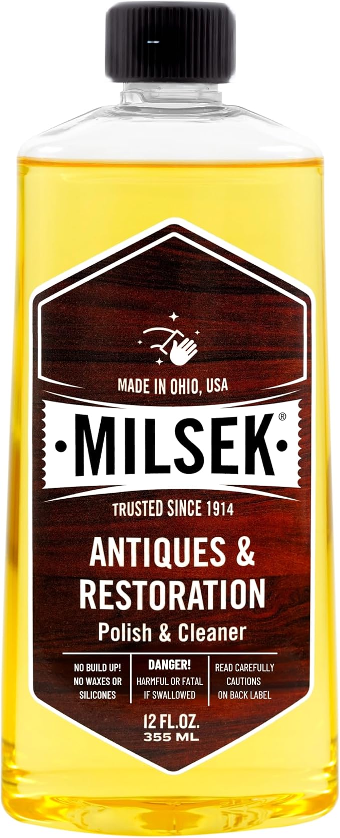 Milsek Antiques & Restoration Wood Polish 12 oz | Cleans, restores, and polishes antique furniture and heirloom wood while enhancing natural beauty.