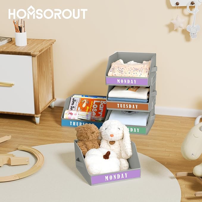 Homsorout Closet Organizers and Storage - 5 Tier Shelf Organizer with Weekly Labels, Stackable Storage Bins with Metal Frame, Foldable Cube Bins, Home Baskets for Kids and Adults, Grey