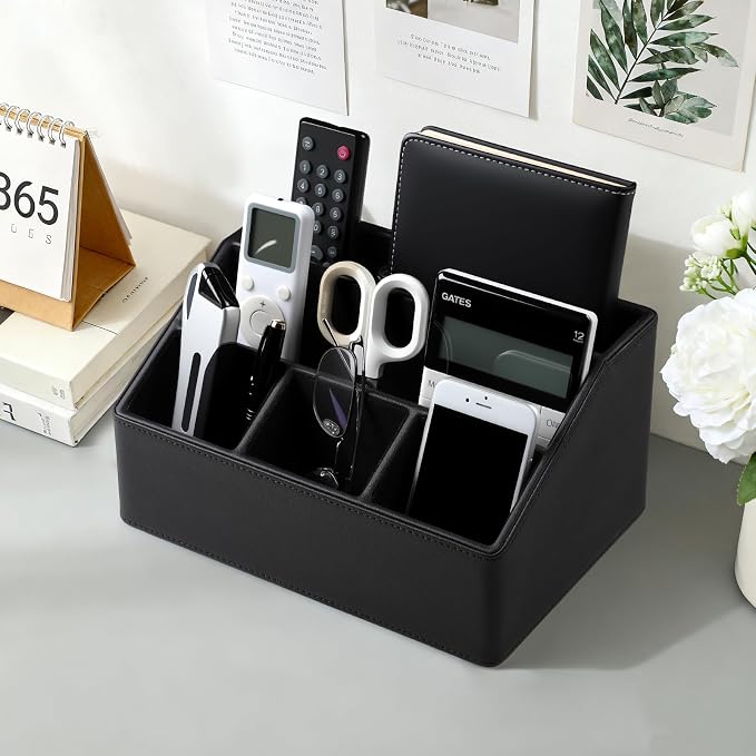 Desk Organizer Caddy with 5 Compartments for Office Art Supplies, PU Leather Nightstand Organizer Pencil Pen Desk Caddy for Home, Desktop TV Remote Control Holder Storage (Black)