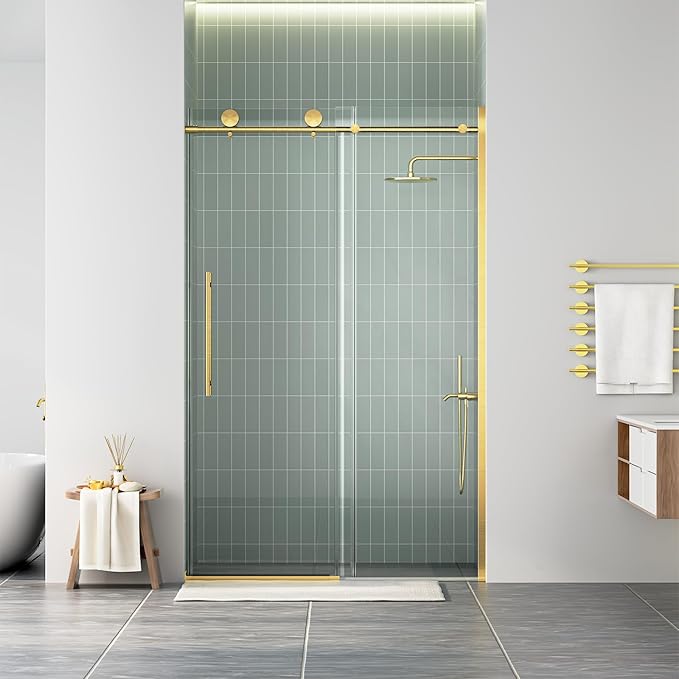 WinZo Frameless Shower Door 44-48 in W x 75 in H, Sliding Shower Door with 5/16"(8mm) Clear Tempered Glass Shower Door, Easy to Clean Bathroom, Silent Soft-Close Design, Brushed Gold