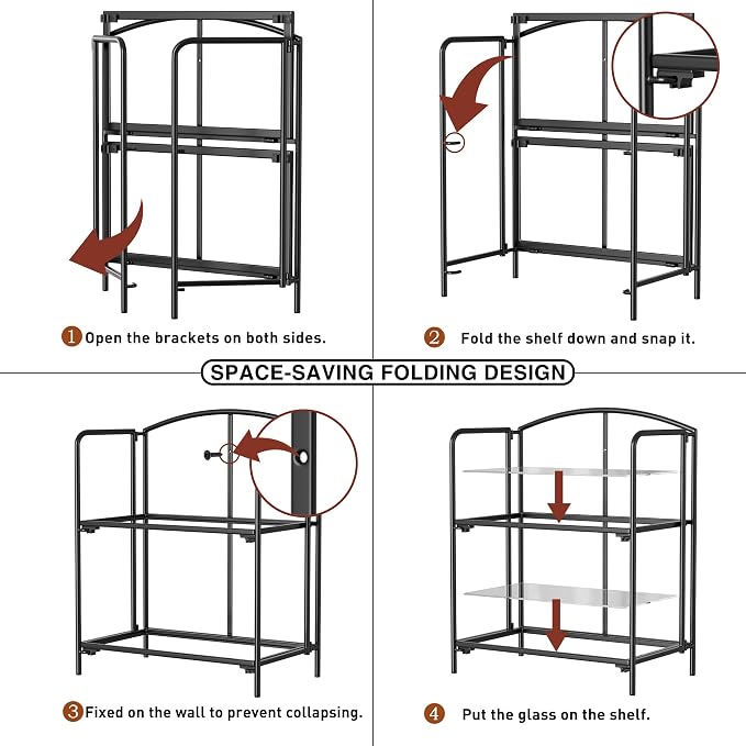 Crofy 2-Tier Foldable Bookshelf, Black Frame & Transparent Shelves | No-Assembly Collapsible Portable Storage Organizer; Sturdy Transparent Shelves; Ideal for Living Room & Home Office
