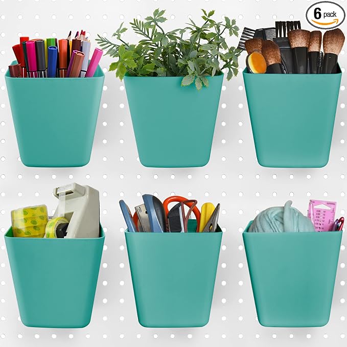 Large Pegboard Cups, 6Pack Peg Board Square Storage Bins With Hooks (Green) | Big Open-Mouth Cups, 1/8" 1/4" Pegboard Organizer Accessories, Cup Holder for Craft Garage Workbench Office Tools Supplies