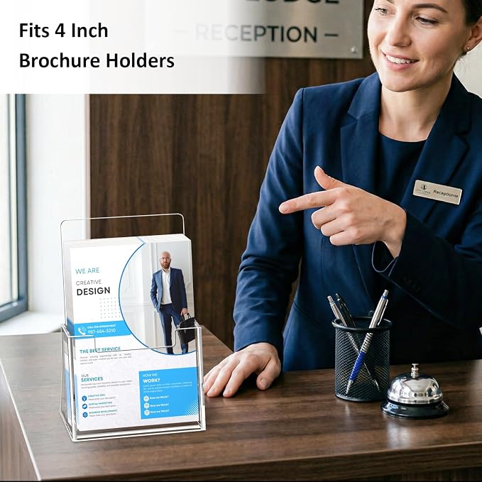 Acrylic Brochure Holder 4 Inch, 4 Pack Clear Brochure Display Stand, Plastic Pamphlet Holder for 4x9 Inches Flyers Literature Magazines Booklets Journals Menu, Desk Holder, Countertop Organizer | Clear Brochure Display Stand, Plastic Pamphlet Holder, F...