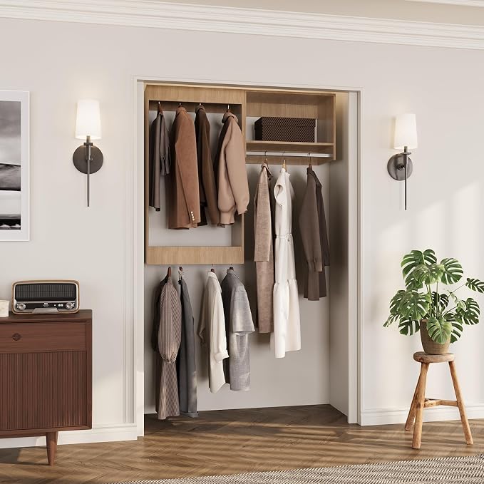 ROOMTEC Modular Closet System, 49" Wall-Mounted Closet Organizer with Hanging Rods, Wooden Tower for Walk-In Closets, Wardrobe Storage Kit, Wood
