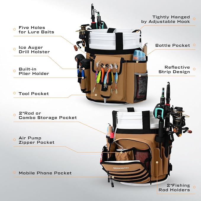 Boomistry Fishing Bucket Organizer for 5 Gallon Bucket, Khaki | 15 Multi-Pockets, 4 Built-in Rod Holder Storage, 3 Adjustable Buckles, for All Fishing Gear & Tackle Accessories