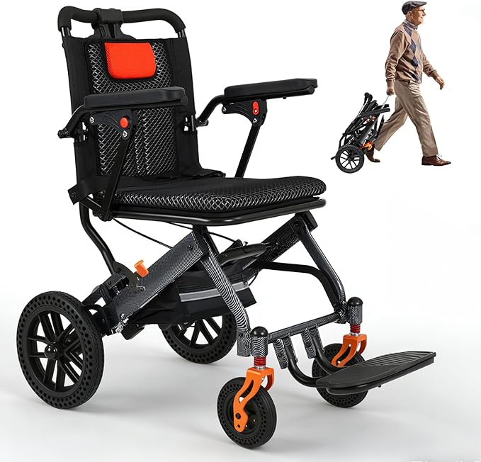 Carbon Fiber–Coated Wheelchairs for Adults, Transport Wheelchair Lightweight Foldable with Pull Rod, 10" Honeycomb Wheels, 16.2" Seat Width, 220 LBS Capacity, Includes Storage Bag