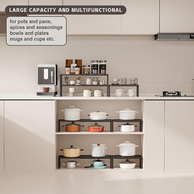 Magheo Expandable Cabinet Shelf Organizer, 1 Pack Stackable Kitchen Counter Shelf Riser, Metal Spice Rack Heavy Duty Countertop Organizer Storage for Kitchen, Pantry, Cupboard, Rv (5.9in Height,Black)