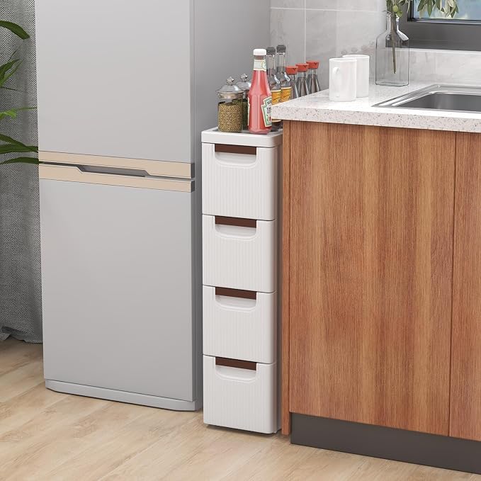 LOKO 4-Drawer Narrow Storage Cabinet, Slim Rolling Cart (7.5"x16.5"x29.5") | Mobile Plastic Cart Container | Pull Handles & Built-in Wheels | For Living Room, Kitchen, Bathroom, Office