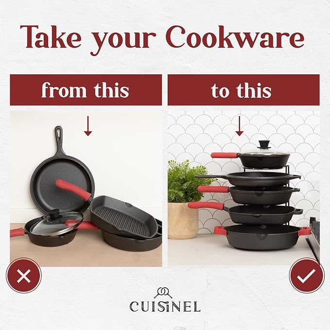 Cuisinel Heavy Duty Pan Organizer - 5 Tier Rack - Holds 50 LB - Holds Cast Iron Skillets, Griddles and Shallow Pots - Durable Steel Construction - Space Saving Kitchen Storage - No Assembly Required