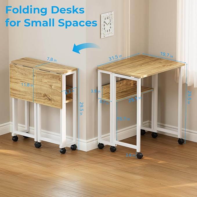 GreenForest Folding Desk with Wheels, 31.5" Rolling Table for Small Spaces | Storage Shelf, Lockable Casters, Compact Portable Workstation, Space-Saving Foldable Sofa Table, Home Office, Mobile, Oak