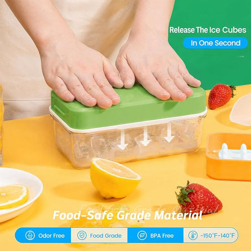 0.8“ Ice Cube Tray with Lid and Bin, PHINOX 28 Cubes Ice Trays for Freezer, Ice Cube Trays for Freezer with 1 tray, Container, Lid & Ice Scoop, BPA Free, Green(28Cubes/Tier)