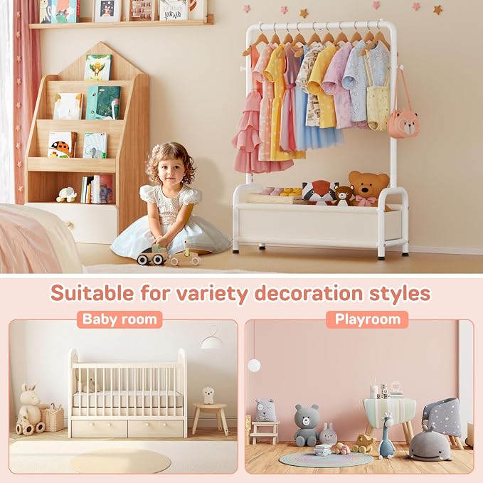 Kids Clothing Rack with Storage Shelf, Kids Dress Up Storage for Coats, Small Baby Garment Rack for Hanging Clothes, Toddler Wardrobe Closet Organizer (Classic, White)